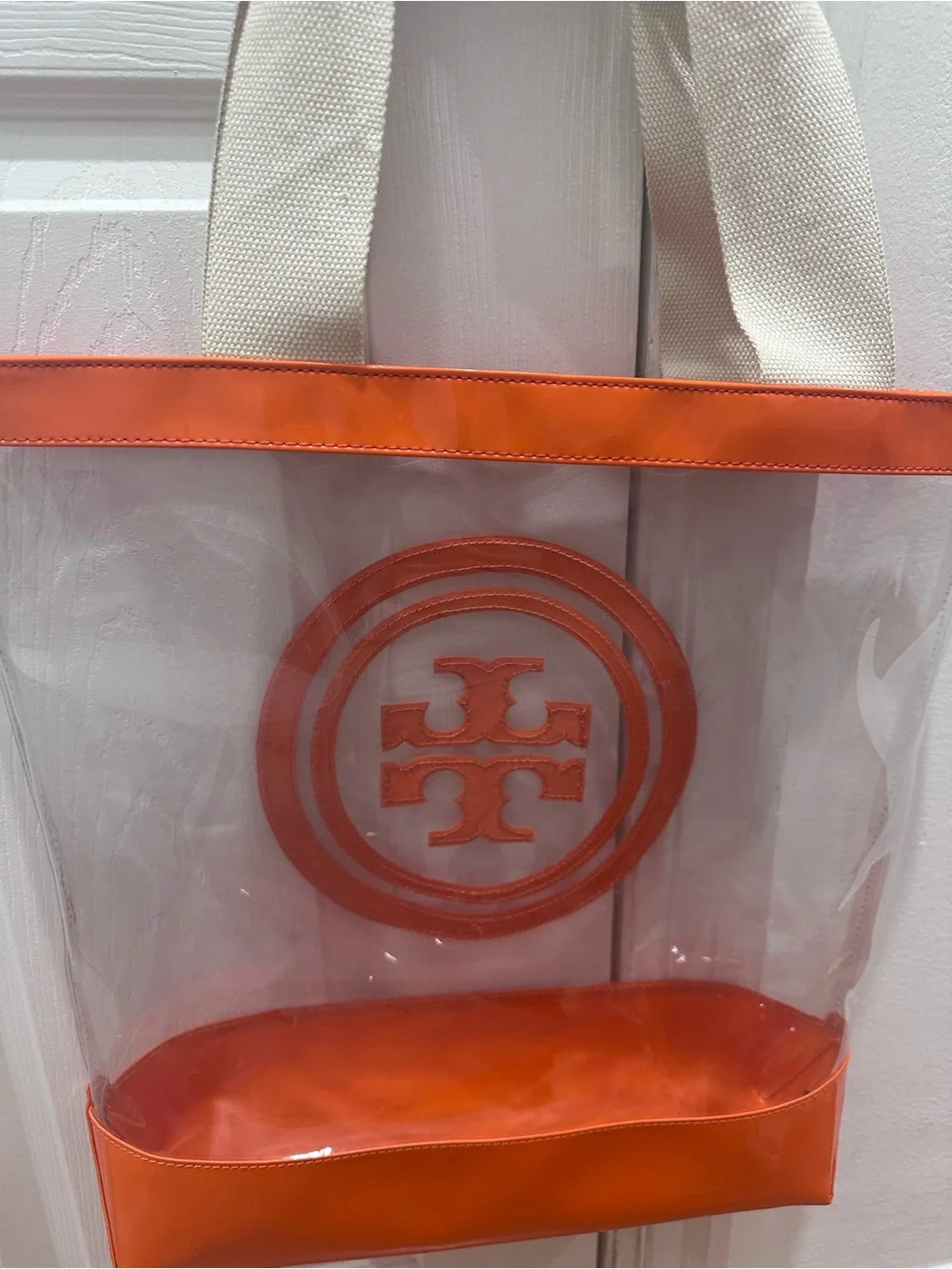 Tory Burch Clear PVC Tote with Orange Trim and Logo
